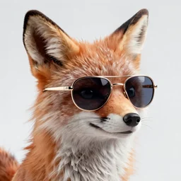 epic action adventure movie poster featuring an anthropomorphic fox with cool metal framed sunglasses, wearing a black suit, lots of fried chicken flying in the background, promotional media