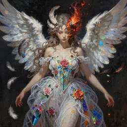 breathtaking detailed painting of an angelic mononoke princess, by ayami kojima and brom, gauze rose dress of stained glass floating around, detailed realistyc symmetrical facial features, amalgamation of embers and feathers, 8 k, concept art, matte, sharp focus, rembrandt style