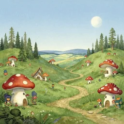 “wide shot, a fairytale landscape, troll creatures, mushroom houses, in the style of John Bauer and wimmelbilder”