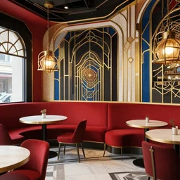 dot shaded portrait interior steampunk cafe, modern art deco, red + gold + black + blue + white, mads berg, christopher balaskas, victo ngai, rich grainy texture, detailed, muted colors, dynamic composition, matte print, wide angle