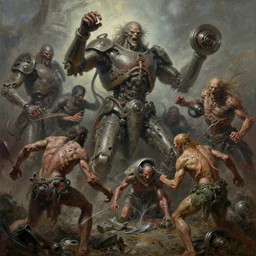 oil paint of flayed god machines, cluster battle chaos, intricately macerated by age, sentient, dethroned goliath machines, whipping blood turbines, by, stefano tamburini, simon bisley & boris vallejo, enric torres, hyper realism, narrative light, muted colors, epic, hyper detailed, awe inspiring, award winning horror, narrative lighting, hyper realism,