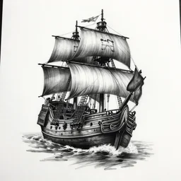 A realistic tattoo design sketch of a pirate ship, paper background, black and white, highly detailed tattoo, shaded tattoo, hyper-realistic tattoo
