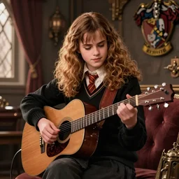 Steampunk Hermione Granger/Emma Watson wearing a black sweater, playing a guitar, in the Gryffindor common room, steampunk art, trending on ArtStation