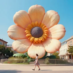 giant flower head, woman walking through city, surreal photography, cinematic, blue sky, symmetry, detailed, bright, retro, wes anderson