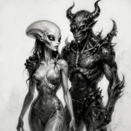 ultra realist black and white horror painting of a dimly lit attractive alien female and hellish creature together, very intricate details, focus, curvy figure, model pose, full frame image, artstyle hiraku tanaka and craig mullins, award winning