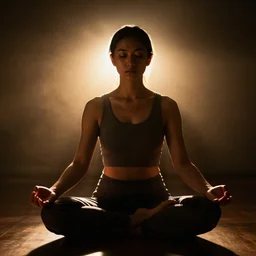 woman facing camera meditating, dramatic lighting, lumiere