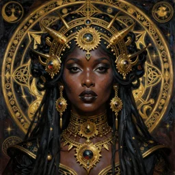 hyper realistic painting portrait of the black metal queen, occult diagram, elaborate details, detailed face, intrincate ornaments, gold decoration, occult art, oil painting, art noveau, in the style of roberto ferri, gustav moreau, jean delville, bussiere, andrew gonzalez