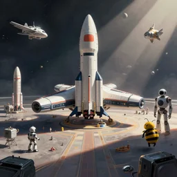 a beautiful digital painting digital render of a spaceport. spaceship. rocket. robot. beeple. chiho aoshima