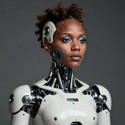 a beautiful intricate fine art portrait of lupita nyong'o as a humanoid with cybernetic implants, half face painted with face paint, by tom bagshaw and natalie shau, white mechanical industrial robot torso, cybernetic scifi, cyborg, studio lighting, golden ratio composition, deep depth of field, 3 5 mm lens, behance, 8 k, masterpiece!