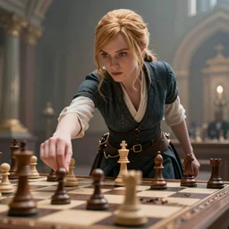 Katniss Everdeen playing chess, action, dynamic, epic, 4k/8k