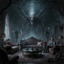 Shoggoth's living room, Zdzislaw Beksinski, Wayne Barlowe, Joe Fenton, gothic, cosmic horror, biomorphic, lovecraftian, amazing details, cold hue's