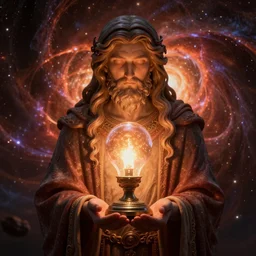 god holding in his palm a lamp, big bang, rich warm moody colors, volumetric lighting, octane, unreal 5, hyper realistic, ultra detailed, 8 k, awe inspiring, deep depth of field, sharp, fractal, post processing, elegant, intricate digital art, led light, ornate, neat, kawaii, artgem, trending artstation