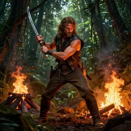 full character concept art of doug marcaida from history channel's forged in fire, holding a kampilan, dense jungle, forge, fire and sparks, it will keall!!, detailed, high quality, dynamic lighting, dark fantasy. artwork by artgerm, wlop, alex ross, greg rutknowski, alphonse mucha