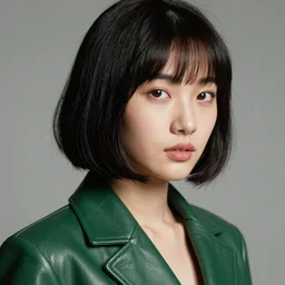 ektachrome, 3 5 mm, highly detailed : incredibly realistic, youthful asian demure, perfect features, feminine cut, beautiful three point perspective extreme closeup 3 / 4 portrait photo in chiaroscuro style 1 9 7 0 s frontiers in flight green leather suit cosplay vogue fashion edition, nick night, show studio, no backdrop