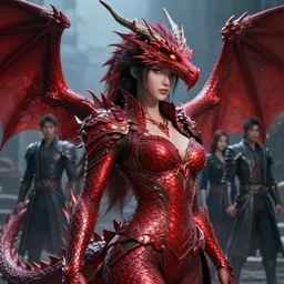 a fancy portrait of an attractive dragon women with red dragon scales by Greg Rutkowski, Sung Choi, Mitchell Mohrhauser, Maciej Kuciara, Johnson Ting, Maxim Verehin, Peter Konig, final fantasy , mythical, 8k photorealistic, cinematic lighting, HD, high details, atmospheric,
