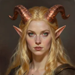 A head-on detailed oil portrait of a distinguished elf woman with small curly copper horns, long blonde hair and bright irises, by greg rutkowski, trending on artstation, dungeon and dragons art