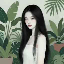 pretty woman with pale skin, long black hair in a room full of beautiful plants, abstract, beautiful digital art trending on artstation