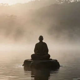 a lonely silhouette of a meditating monk sitting in the fog on a stone protruding from the water in the rays of the morning sun, the focus of the camera on the monk, matthew snowden style.