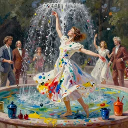 one women into fountain of bright paints and substances dancing alone in white dress, pain on dress, piotr jablonski, norman rockwell, tim hildebrandt, mark maggiori, jeff dekal, long shot, hyperrealistic oil painting on canvas, deep depth field, cinematic composition, hyper - detailed, hdr, 8 k, 4 k