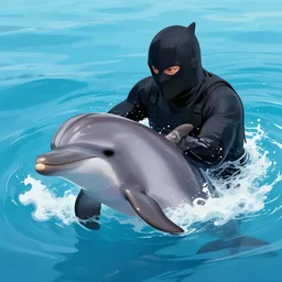 vigilante dolphin in a righteous but brutally violent war against human swimmers. colorful ink blot made with squid ink. lush and highly detailed. sharp focus, artstation.