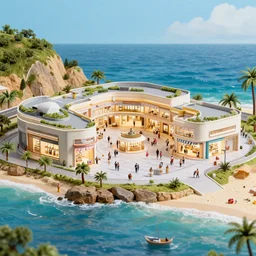 A diorama of a shopping center in the middle of the sea