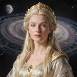 portrait of the powerful empress of the solar system in the style of anna dittmann and in the style of donato giancola. glowing, ornate and intricate linework, sharp focus, stunning, dynamic lighting, ultrafine and hyperdetailed.