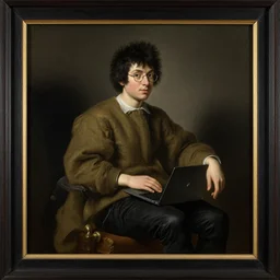 rembrandt portrait painting of a shaggy black haired teenager!!! with glasses, an olive colored sweater and a black jean, with a laptop on his lap, full body, baroque painting!!!, ultra detailed, masterpiece, framed