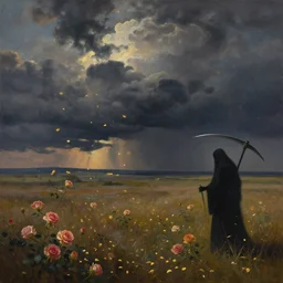 breathtaking oil painting with palette knife of a plains landscape in luxurious nature, with intricate art nouveau moody dark tumultuous clouds, at dawn with roses and golden petals flying, grim reaper silhouette with scythe, concept art, matte, by krista schumacher and georgia hart,
