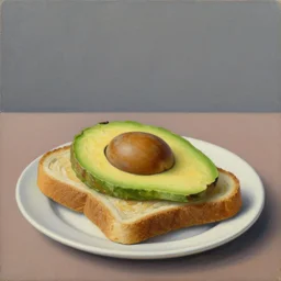 surrealistic avocado on toast by renee magritte, oil on canvas
