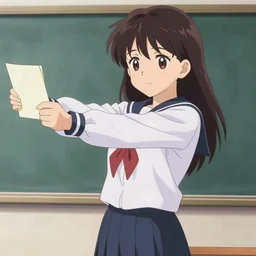 Anime crush in a sailor schoolsuit looking towards you while streching out her arms, holding a letter. Her facial expression should convey the emotion of embarrassment