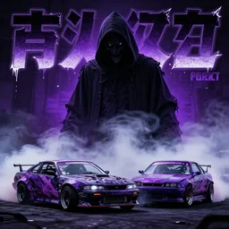 sinister photo of the grim reaper looming, detailed, vhscore, hatecore, smoke fog mist, japanese kanji text, vhs camera font, 6 6 6 triplesix posse lean drift cars, drugcore, serial killer, purple