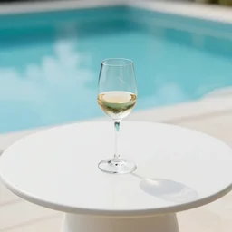 5 5 mm photo of glass of wine on a zen minimalist round white table with gorgeous pool in the background. highly detailed 8 k. intricate. lifelike. soft light,