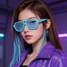 closeup painting of a very beautiful young mexican cyberpunk woman with light blue shutter shades, one side haircut, long brown hair with light blue ends, wearing a purple leather jacket, portrait, hyperdetailed, artstation, cgsociety, 8 k, synthwave image
