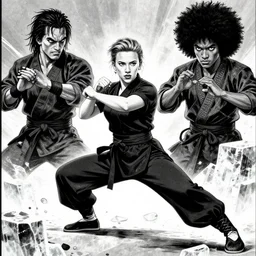 scarlett johansson, symmetrical kung - fu master punching through ice blocks! scenes by david finch, black and white, afro samurai manga style
