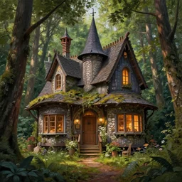 hyper realistic homely witch cottage with random architectural styles, in the woods gorgeous lighting, highly detailed, lush forest painting by norman rockwell, james gurney zdzisław beksinski and norman rockwell and greg rutkowskiweta octane render