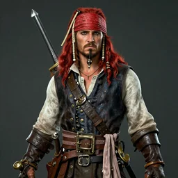 A red headed sky-pirate with pistol and sword,  epic fantasy, octane render, high detail, photorealistic, High details,4k