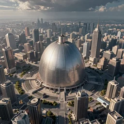a vast sci-fi city centred around a nuclear reactor dome in the style of JS Lowry, high resolution