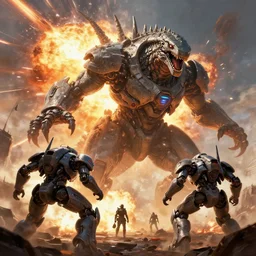 a futuristic gargantuan kaiju behemoth gantz creature attacked by futuristic milita mechs, in the style of horizon zero dawn, in war scene, epic scene, big explosion, by greg rutkowski, frank frazetta, sharp focus, digital painting, concept art