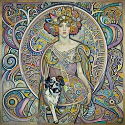 a painting of a woman with a dog, an ultrafine detailed painting by james jean, deviantart, art nouveau, detailed painting, airbrush art, storybook illustration, pop surrealism, biomorphic, chromatic, grotesque