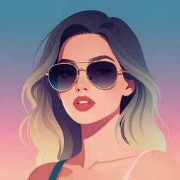 flat portrait art of an beautiful muted vaporwave ombre stylish retrofuturistic beautiful woman wearing oversized aviator sunglasses atmosphere, glow, shaded, full of colour, cinematic lighting, trending on artstation, 4 k, focused, vector, by patrick nagel, simple bold clean lines