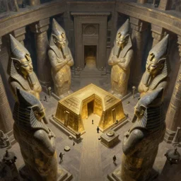 fantasy oil painting, extreme perspective, aerial view inside of sinister egyptian statues, as a dnd cover illustration, inside of a golden tomb, desaturated, dungeon, ominous, comfy, highly detailed, digital art, smooth, sharp focus, art by brothers hildebrandt, and paul bonner