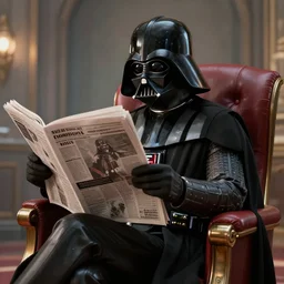 Darth Vader in a chair reading a newspaper, 4k digital art