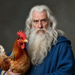 a portrait of a wizard with his pet chicken by Johan Grenier and Tony Sart, confused facial expression, blue robe, long white beard, frizzy hair, ArtStation, realistic, detailed