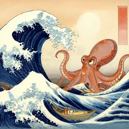 boats and a giant octopus on sea with large waves, ukiyo - e, japanese wood painting