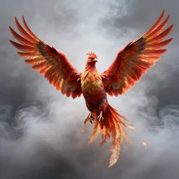 a phoenix bird in front of a shroud of smoke spreading it's wings and rising slowly, 4 k, octane rendered
