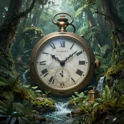 the mysterious rainforest valley basin is inlaid with a huge victorian meteorite pocket watch sculpture relic, stream, atmospheric light, tintal light effect, magnificent large scene, borderlands 2 style, trending on artstation