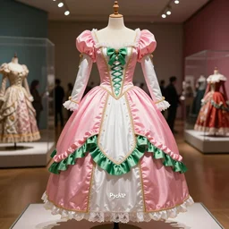 the film still photographed image is of a pink, white, and green fancy dress ball costume ensemble from the 1 9 9 0 s. the ensemble is inspired by psyche, and is featured in a museum. vibrant cinematography, anamorphic lenses, upscale, hyper realistic photo, crisp, detailed image in 8 k resolution.