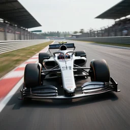 a futuristic f 1 racecar driving towards the camera, dynamic angle, motion blur, wide angle, sports photography