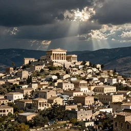 realistic photo of a town, settlement, buildings, detailed scenery, ancient greek time period