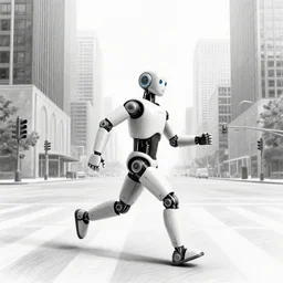 a humanoid robot!!, running across an empty big city intersection, skyscrapers, traffic lights, pencil drawing, black and white, high quality